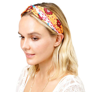 Peach Aztec Patterned Twisted Headband, With a beautiful Aztec pattern, this headband creates a natural look when your color perfectly matches the easy-to-use twist headband. Adds a super neat and trendy twist to any boring style. Be the ultimate trendsetter wearing this chic headband with all your stylish outfits! 