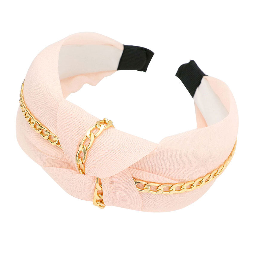 Peach Chain Trim Knot Headband, Take your outfit to the next level in this gorgeous gold color chain knot headband! This headband is an easy way to dress up your outfit. It's just so chic! Be the ultimate trendsetter wearing this chic headband with all your stylish outfits! Very beautiful accessory for ladies, For occasions: parties, birthdays, weddings, festivals, dances, celebrations, ceremonies, gift and other daily activities.