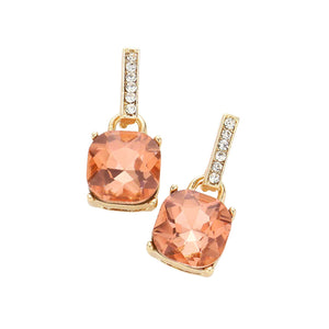 Peach Cushion Square Stone Dangle Evening Earrings, Beautifully crafted design adds a gorgeous glow to your special outfit. Cushion square stone jewelry that fits your lifestyle on special occasions! Cushion Square Stone and sparkling glow give these stunning earrings an elegant look and make you stand out. Perfect Birthday Gift, Anniversary Gift, Mother's Day Gift, Graduation Gift, Prom Jewelry, Just Because Gift, Thank you Gift, or any other special occasion.