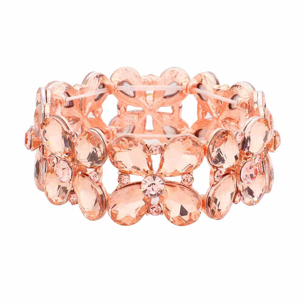 Peach Floral Teardrop Glass Crystal Stretch Evening Bracelet, this Crystal Stretch Bracelet sparkles all around with it's surrounding round stones, stylish stretch bracelet that is easy to put on, take off and comfortable to wear. It looks so pretty, brightly, and elegant on any special occasion. Jewelry offers a wide variety of exquisite jewelry for your Party, Prom, Pageant, Wedding, Sweet Sixteen, and other Special Occasions! Stay gorgeous wearing this stunning floral design stretch bracelet.