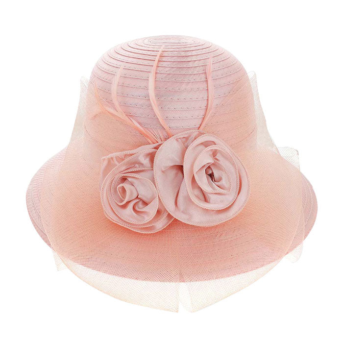 Peach Flower Feather Accented Dressy Hat. Stylish Stunning ladies hat designed with a Feather Mesh Dressy hat, noble, This Beautiful, Timeless, Classy and Elegant Vintage Inspired Feather Fascinator Hat is Suitable for as a Wedding Fascinator,Themed Tea Party Hat, Garden Party, Easter,Church, Cocktail Hat etc.