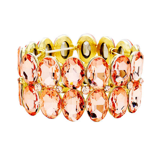 Peach Glass Crystal Oval Stone Cluster Stretch Bracelet. Get ready with these Bracelet, put on a pop of colour to complete your ensemble. Perfect for adding just the right amount of shimmer & shine and a touch of class to special events. Perfect Birthday Gift, Anniversary Gift, Mother's Day Gift, Graduation Gift, Prom Jewellery, Just Because Gift, Thank you Gift.