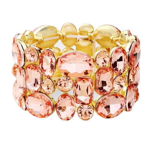 Peach Glass Crystal Stretch Evening Bracelet. This Evening Bracelet sparkles all around with it's surrounding round stones, stylish evening bracelet that is easy to put on, take off and comfortable to wear. It looks stylish and is just the right touch to set off your dress. Suitable for Night Out, Party, Formal, Special Occasion, Date Night, Prom.