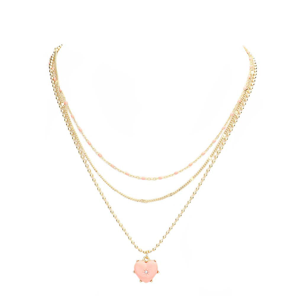 Peach Heart Pendant Triple Layered Necklace, This beautiful heart-themed necklace is the ultimate representation of your class & beauty. Get ready with these Pendant Necklaces to put on a pop of color to complete your ensemble in perfect style. Perfect for adding just the right amount of shimmer & shine and a touch of class to any event or occasion. Absolutely an excellent gift for your friends, family, and the persons you love and care about the most.