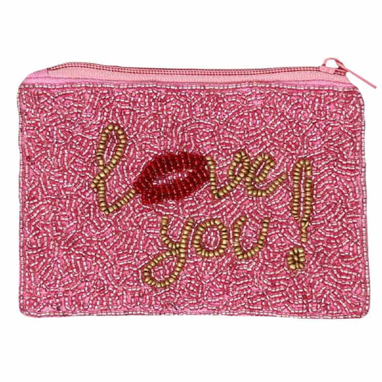 Peach LOVE YOU Seed-Beaded Coin Purse, Be the ultimate fashionista carrying this trendy seed-beaded purse! Great to carry something small or drop it in your bag. Perfect for carrying makeup, money, credit cards, keys or coins, & many more things. This handbag features a top zipper closure for security. Perfect for the festive season. Embrace the Valentine's Day spirit with these LOVE YOU message purses.