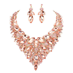 Peach Marquise Stone Cluster Statement Evening Necklace, These gorgeous marquise stone cluster jewelry sets will show your perfect beauty & class on any special occasion. The elegance of these stones goes unmatched. Great for wearing at a party, wedding, wedding showers, birthdays, prom, graduation, anniversaries, etc. Perfect for adding just the right amount of glamour and sophistication to important occasions.