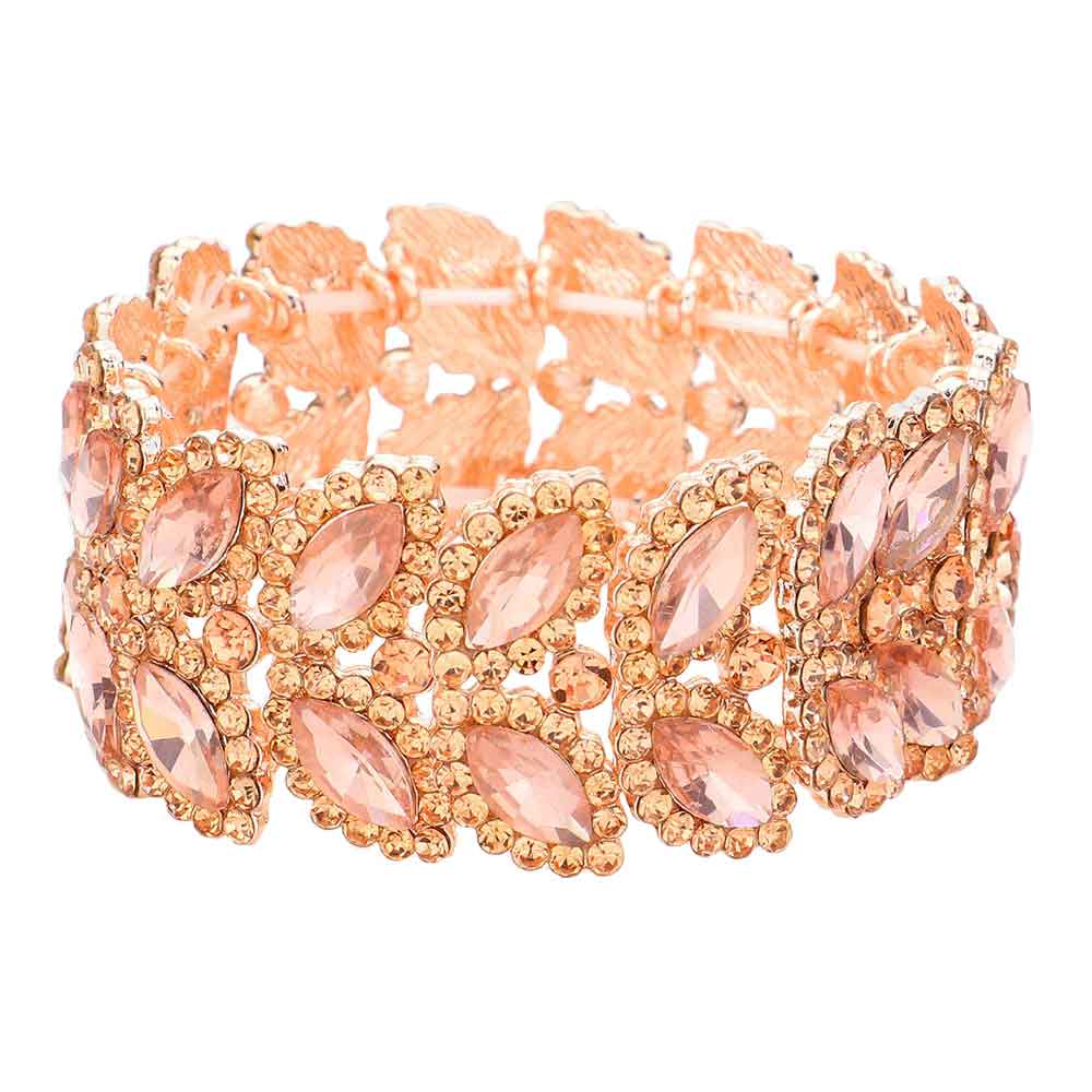 Peach Marquise Stone Embellished Stretch Evening Bracelet, This Marquise Stretch Bracelet sparkles all around with it's surrounding round stones, stylish stretch bracelet that is easy to put on, take off and comfortable to wear. It looks modern and is just the right touch to set off LBD. Perfect jewelry to enhance your look. Awesome gift for birthday, Anniversary, Valentine’s Day or any special occasion.