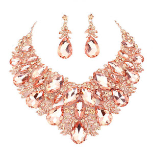 Peach Marquise Teardrop Stone Accented Leaf Evening Necklace. Wear together or separate according to your event, versatile enough for wearing straight through the week, perfectly lightweight for all-day wear, coordinate with any ensemble from business casual to everyday wear, the perfect addition to every outfit. Perfect Birthday Gift, Anniversary Gift, Mother's Day Gift, Valentine's Day Gift.