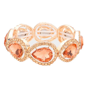 Peach Pave Teardrop Trim Glass Crystal Stretch Evening Bracelet, is a beautiful addition to your perfect choice to represent your perfect class and gorgeousness on any special occasion. Make the day special with the glowing beauty of this awesome Crystal Stretch Evening Bracelet. Wear this beauty to add a gorgeous glow to your special outfit at weddings, wedding showers, receptions, anniversaries, and other special occasions.