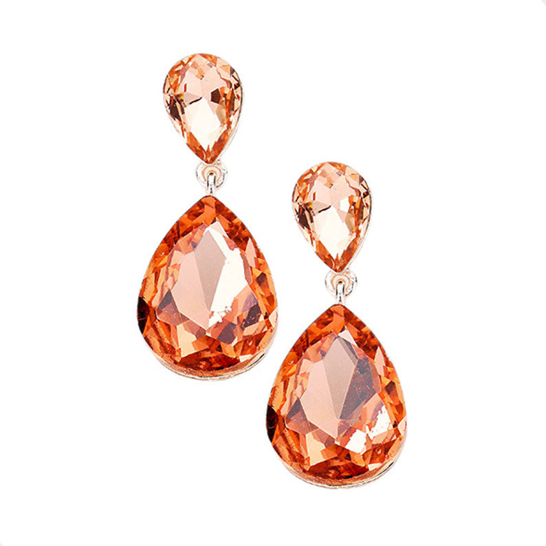 Peach Rose Gold Crystal Double Teardrop Evening Earrings; get into the groove with our gorgeous handcrafted earrings, add a pop of color to your ensemble, just the right amount of shimmer & shine, touch of class, beauty and style to any special events. Perfect Birthday Gift, Anniversary Gift, Mother's Day Gift, Graduation Gift.