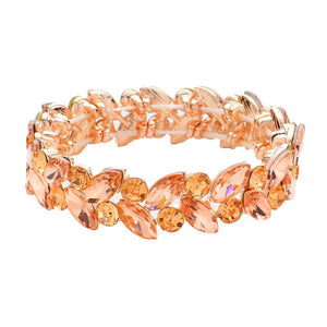 Peach Round Marquise Stone Cluster Stretch Evening Bracelet, Get ready with this Round stone cluster stretchable Bracelet and put on a pop of color to complete your ensemble. Perfect for adding just the right amount of shimmer & shine and a touch of class to special events. Wear with different outfits to add perfect luxe and class with incomparable beauty. Just what you need to update in your wardrobe.