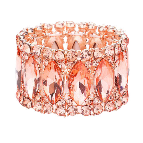 Peach Round Marquise Stone Cluster Stretch Evening Bracelet, adds a extra glow to your outfit. Pair these with tee and jeans and you are good to go. Jewelry that fits your lifestyle! It will be your new favorite go-to accessory. Perfect jewelry gift to expand a woman's fashion wardrobe with a classic, timeless style. Awesome gift for birthday, Anniversary, Valentine’s Day or any special occasion.