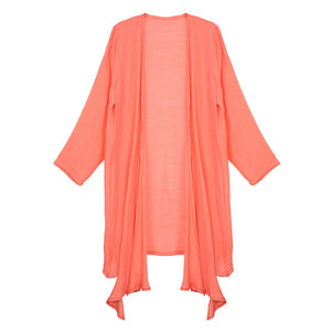 Peach Solid Long Cardigan. Delicate open front floral lace beach cover-up featuring wide sleeves and hip length. Beach or Poolside chic is made easy with this lightweight cover-up featuring flower detail and a relaxed silhouette, look perfectly breezy and laid-back as you head to the beach. Also an accessory easy to pair with so many tops! From stylish layering camis to relaxed tees, you can throw it on over so many pieces elevating any casual outfit! Great gift idea.