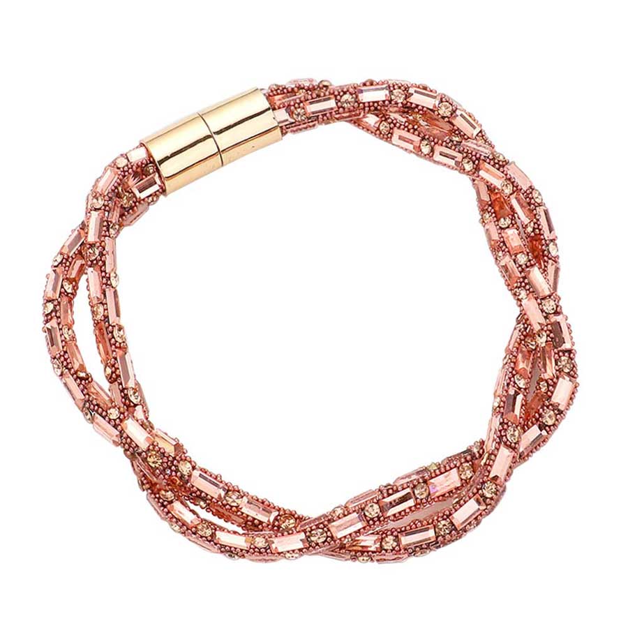 Peach Stone Embellished Twisted Magnetic Bracelet, Glam up your look with this Magnetic bracelet. Make your vibe extra sparkly with this eye-catching arm candy. The magnet clasp keeps the bracelet secure on your wrist and makes it easy to wear and take off. This wide Twisted- style bracelet works well as a statement jewelry piece. Awesome gift for birthday, Anniversary, Valentine’s Day or any special occasion.
