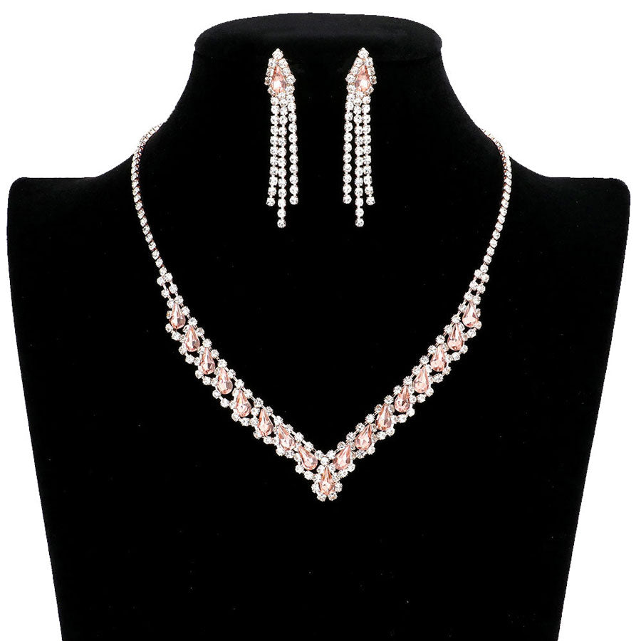 Peach  Teardrop Stone Accented Collar Rhinestone Pave Necklace, These gorgeous Rhinestone pieces will show your class on any special occasion. The elegance of these rhinestones goes unmatched. Brings a gorgeous glow to your outfit to show off royalty on any special occasion. Perfect for adding just the right amount of glamour and sophistication to important occasions. These classy Rhinestone Jewelry Sets are perfect for parties, Weddings, and Evenings. 