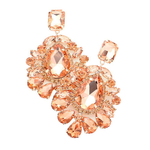 Teardrop Stone Accented Dangle Evening Earrings - Peach