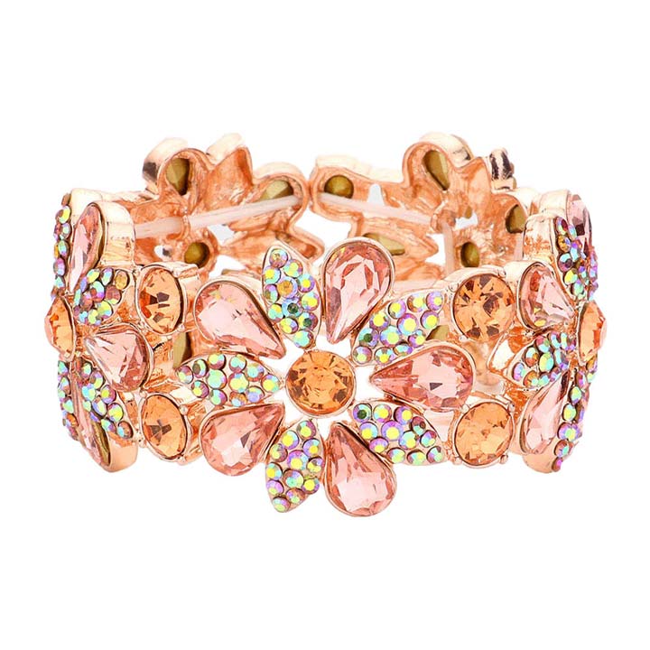 Peach Teardrop Stone Accented Flower Stretch Evening Bracelet, is the perfect reflection of absolute royalty and perfect class that will amp up your look and drags everyone's attention on special occasions. Show your confidence and trendy choice with this beauty and complete your ensemble with a luxurious look. Perfect for adding just the right amount of shimmer & shine and a touch of class to special events.