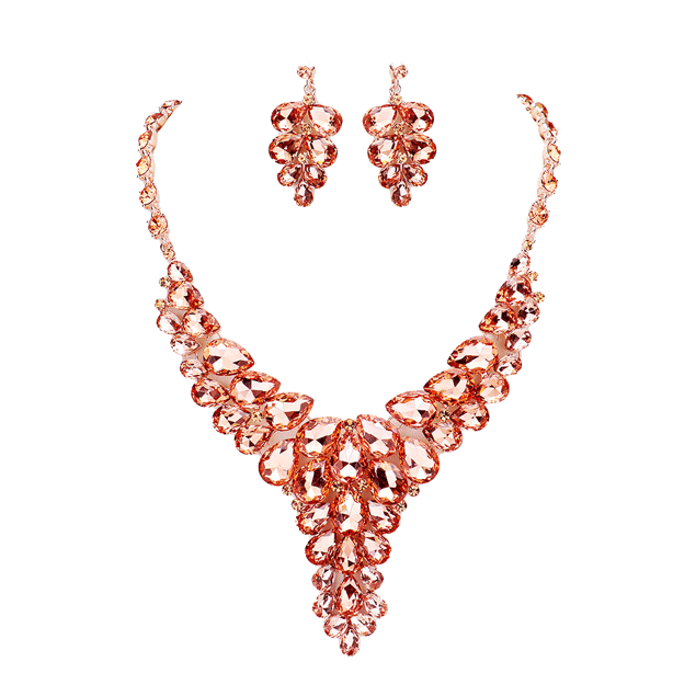 Peach Teardrop Stone Cluster Vine Evening Necklace Earring Set, designed to accent the neckline, oversized crystal dangle earrings, which are a perfect way to add sparkle to special occasions. A perfect gift for Birthday, Anniversary, Valentine's Day, Christmas, Navidad, Cumpleanos, Prom, Bridal, Quinceanera, Sweet 16, etc.