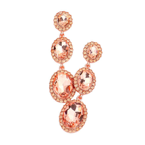 Triple Oval Glass Stone Drop Down Dangle Evening Earrings - Peach