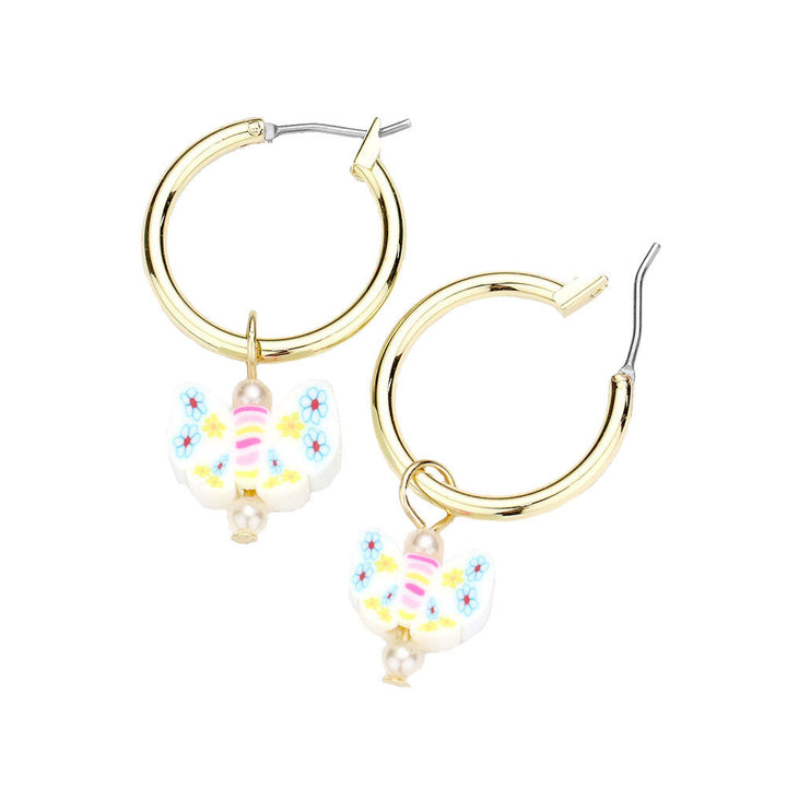 Pearl Butterfly Dangle Metal Hoop Pin Catch Earrings. Spring is right around the corner, get ready with these bright pin earrings, add a pop of color to your ensemble. Perfect Birthday Gift, Anniversary Gift, Valentine's  Day Gift, Mother's Day Gift, Anniversary Gift for the women in your life.