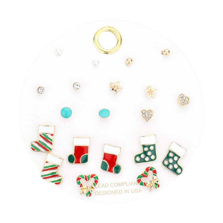 Gold Pearl Star Christmas Socks Candy Cane Heart Stud Earrings. Get ready with these bright post back earrings, add a pop of color to your ensemble. Perfect for adding just the right amount of shimmer & shine and a touch of class to special events. Perfect Birthday Gift, Anniversary Gift, Mother's Day Gift, Graduation Gift.