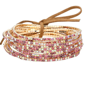 Pink 12PCS Ribbon Colorful Rhinestone Layered Stretch Bracelets. This Rhinestone Stretch Bracelet sparkles all around with it's surrounding round stones, stylish stretch bracelet that is easy to put on, take off and comfortable to wear. It looks modern and is just the right touch to set off LBD. Perfect jewelry to enhance your look. Awesome gift for birthday, Anniversary, Valentine’s Day or any special occasion.