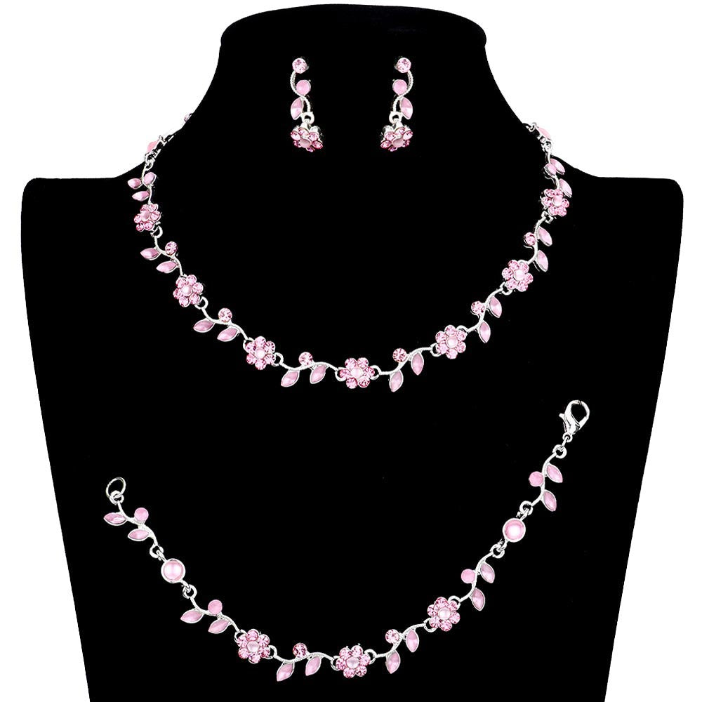 3pcs Flower Leaf Cluster Rhinestone Necklace Jewelry Set – Madeline Love
