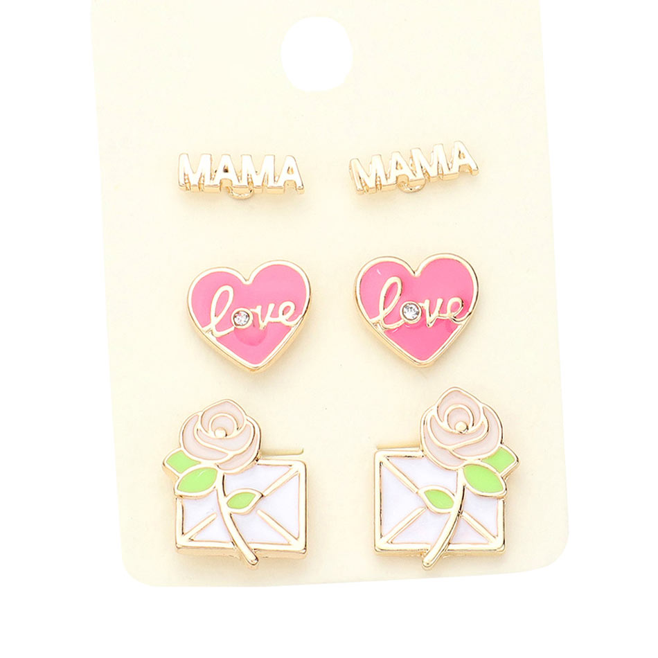 Pink 3Pairs Metal Mama Enamel love Heart Flower Stud Earrings, enhance your attire with these beautiful love heart flower stud earrings to show off your fun trendsetting style. It can be worn with any daily wear such as shirts, dresses, T-shirts, etc. These mama enamel love heart earrings will garner compliments all day long. Whether day or night, on vacation, or on a date, whether you're wearing a dress or a coat, these earrings will make you look more glamorous and beautiful.