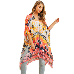 Pink Aztec Patterned Cover Up Kimono Poncho. This timeless Kimono Poncho is Soft, Lightweight and Breathable Fabric, Comfortable to Wear. Sophisticated, flattering and cozy, this Poncho drapes beautifully for a relaxed, pulled-together look. Suitable for Weekend, Work, Holiday, Beach, Party, Club, Night, Evening, Date, Casual and Other Occasions in Spring, Summer and Autumn.