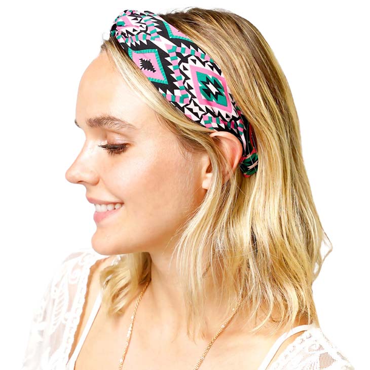 Pink Aztec Patterned Twisted Headband, Push your hair back and spice up any plain outfit with this twisted Aztec-patterned headband! Be the ultimate trendsetter & be prepared to receive compliments wearing this chic headband with all your stylish outfits! Add a super neat and trendy twist to any boring style. Perfect for everyday wear, special occasions, outdoor festivals, and more. Awesome gift idea for your loved one or yourself.