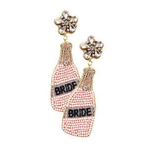 Pink BRIDE Felt Back Seed Beaded Champagne Dangle Earrings, This Champagne earring will glow up your special occasion, stylist and fashionable beaded handcrafted jewelry that fits your lifestyle, Dangle earring add extra special to your outfit! Enhance your attire with these beautiful artisanal wedding & bridal themed earrings to show off your fun trendsetting style. Lightweight and comfortable for wearing. Perfect for New Year's Eve Party, bachelorette party, Christmas Holiday Party and Celebration.