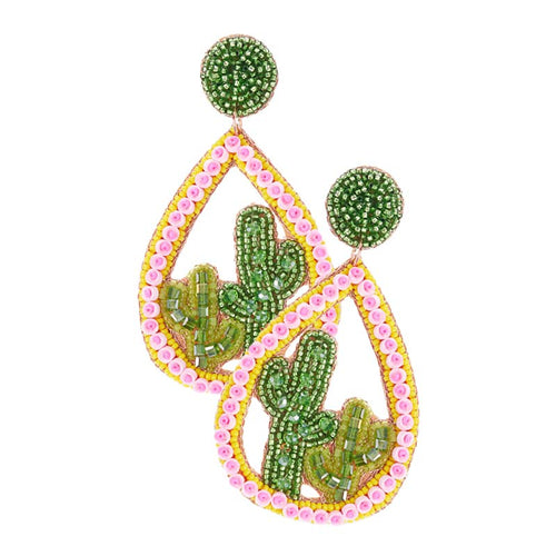 Beaded Cactus Accented Teardrop Dangle Earrings - Pink