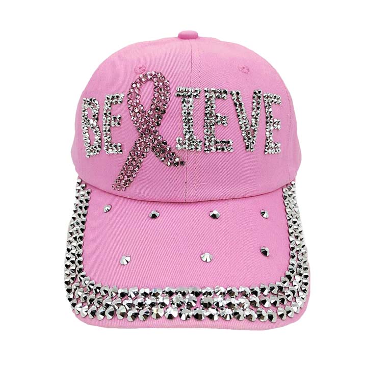 Pink Bling Pink Ribbon Believe Message Baseball Cap,  a beautiful Baseball Cap for smart and trendy women! Perfect for walks in the sun or rain, great for a bad hair day, and still looks cool. Soft textured, embroidered message and distressing contrast stitching baseball cap with Believe message will become your favorite cap. show your trendy side with this Pink Ribbon-themed baseball cap. Make You More Attractive And Beautiful Among The Crowd. Have fun and look Stylish.