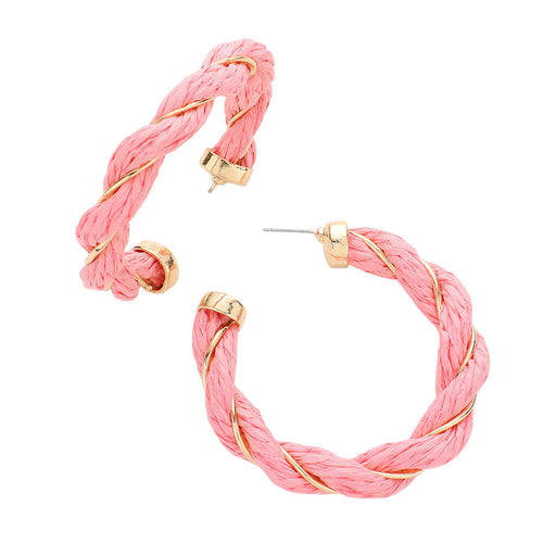 Braided Raffia Hoop Earrings - Pink