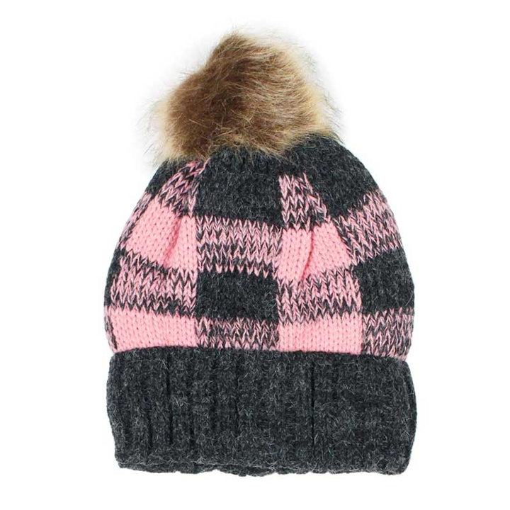 Pink Buffalo Check Pattern Faux Pom Pom Knit Beanie Hat, Before running out the door into the cool air, you’ll want to reach for this toasty beanie to keep you incredibly warm. Accessorize the fun way with this faux fur pom pom hat, its the autumn touch you need to finish your outfit in style. Awesome winter gift accessory!