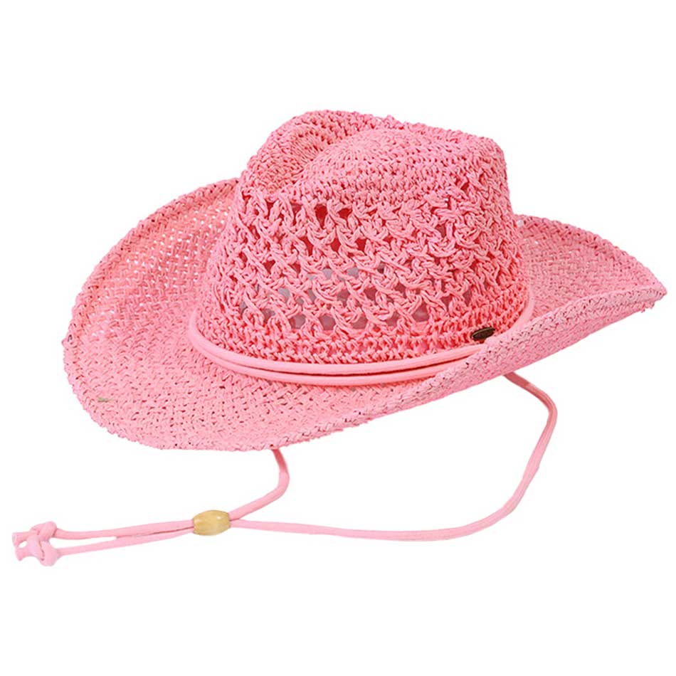 Pink C.C Paper Straw Open Weaved Cowboy Hat, Keep your styles on even when you are relaxing at the pool or playing at the beach. Large, comfortable, and perfect for keeping the sun off of your face, neck, and shoulders. Perfect summer, beach accessory. Ideal for travelers who are on vacation or just spending some time in the great outdoors. A cowboy hat can keep you cool and comfortable even when the sun is high in the sky.