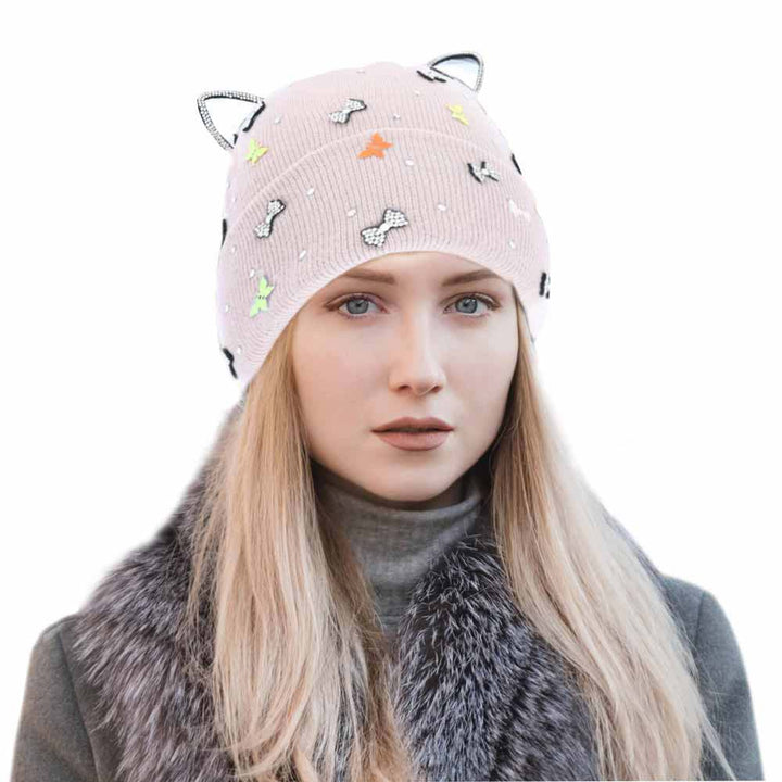 Pink Cat Ear Ribbon Stone Embellished Beanie Hat, cat ear ribbon toasty beanie to keep you incredibly warm. It will make you stand out from the crowd. Accessorize the fun way with this stone embellished hat, it's the autumnal touch you need to finish your outfit in style. Perfect to wear at winter parties, prom, graduation, wedding, etc. Awesome winter gift accessory!