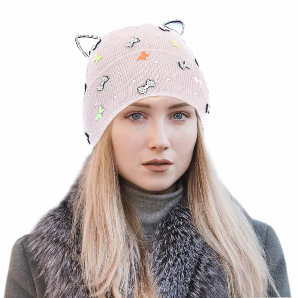 Pink Cat Ear Ribbon Stone Embellished Beanie Hat, cat ear ribbon toasty beanie to keep you incredibly warm. It will make you stand out from the crowd. Accessorize the fun way with this stone embellished hat, it's the autumnal touch you need to finish your outfit in style. Perfect to wear at winter parties, prom, graduation, wedding, etc. Awesome winter gift accessory!