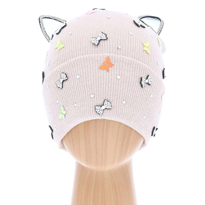 Pink Cat Ear Ribbon Stone Embellished Beanie Hat, cat ear ribbon toasty beanie to keep you incredibly warm. It will make you stand out from the crowd. Accessorize the fun way with this stone embellished hat, it's the autumnal touch you need to finish your outfit in style. Perfect to wear at winter parties, prom, graduation, wedding, etc. Awesome winter gift accessory!