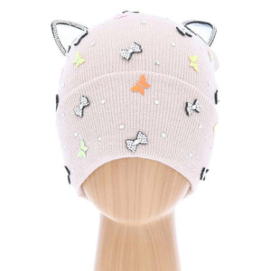 Pink Cat Ear Ribbon Stone Embellished Beanie Hat, cat ear ribbon toasty beanie to keep you incredibly warm. It will make you stand out from the crowd. Accessorize the fun way with this stone embellished hat, it's the autumnal touch you need to finish your outfit in style. Perfect to wear at winter parties, prom, graduation, wedding, etc. Awesome winter gift accessory!