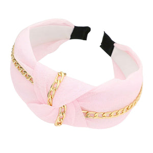 Pink Chain Trim Knot Headband, Take your outfit to the next level in this gorgeous gold color chain knot headband! This headband is an easy way to dress up your outfit. It's just so chic! Be the ultimate trendsetter wearing this chic headband with all your stylish outfits! Very beautiful accessory for ladies, For occasions: parties, birthdays, weddings, festivals, dances, celebrations, ceremonies, gift and other daily activities.