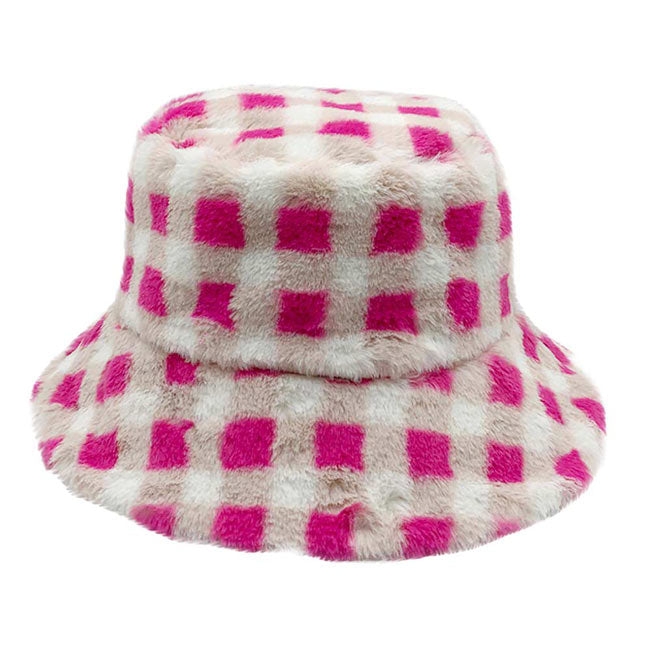 Pink Checkered Faux Fur Bucket Hat, Show your excellent choice with this chic Faux Fur Bucket Hat. Have fun and look Stylish anywhere outdoors. Great for covering up when you are having a bad hair day. Perfect for protecting you from the sun, rain, wind, snow, beach, pool, camping, or any outdoor activities. Amps up your outlook with confidence with this trendy bucket hat.