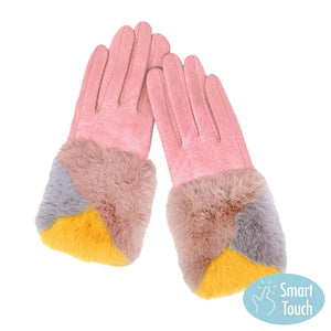 Pink Color Block Faux Fur Cuff Accented Soft Suede Smart Gloves, gives your look so much eye-catching texture w cool design, a cozy feel, fashionable, attractive, cute looking in winter season, these warm accessories allow you to use your phones. Perfect Birthday Gift, Valentine's Day Gift, Anniversary Gift.