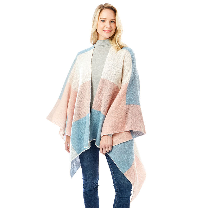 Pink Color Block Ruana, a Fashionable and stylish design is great for year round to wear on any occasion from casual to formal. Throw it on as a warm, soft layer over your career and casual outfits. Cozy and soft wrap shawl in open-front poncho style that boasts a reversible design for twice the style. Perfect for casual outings, parties, and office. Great gift idea for friends and family. Soft and comfortable Acrylic material for long-lasting warmth on cold days. Perfect winter gift for your loved ones.