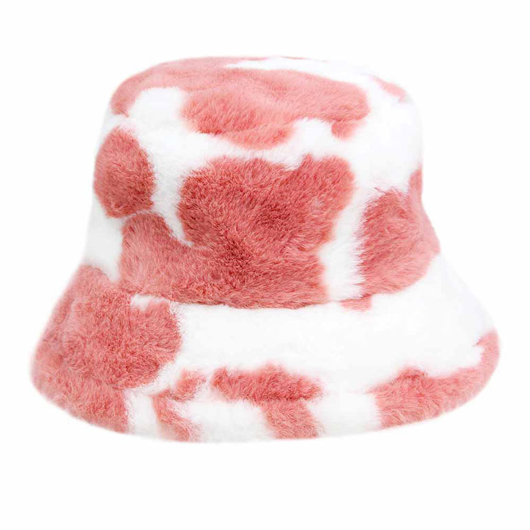 Pink Cow Patterned Faux Fur Bucket Hat, this cow patterned bucket hat is nicely designed and a great addition to your attire. Have fun and look stylish anywhere outdoors. Great for covering up when you are having a bad hair day. Perfect for protecting you from the wind, snow, beach, pool, camping, or any outdoor activities in cold weather. Amps up your outlook with confidence with this trendy bucket hat. Perfect gift for Birthdays, Christmas, Stocking stuffers, Secret Santa, holidays, etc.