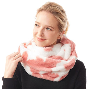 Pink Cow Patterned Cattle Print Plush Faux Fur Winter Sherpa Infinity Scarf; delicate, warm, on trend & fabulous, deluxe addition to any cold-weather ensemble. Wraparound, loops around neck, great for daily wear. Perfect Gift Birthday, Christmas, Anniversary, Holiday, Valentine's Day, Loved One