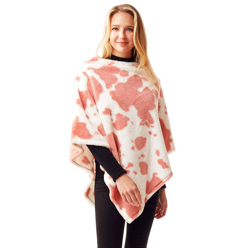 Pink Cow Patterned Soft Faux Fur Poncho, the perfect accessory, luxurious, trendy, super soft chic capelet, keeps you warm and toasty. You can throw it on over so many pieces elevating any casual outfit! Perfect Gift for Wife, Mom, Birthday, Holiday, Christmas, Anniversary, Fun Night Out