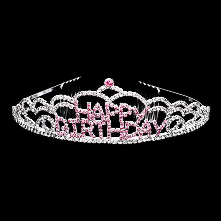 Pink Crystal Rhinestone Happy Birthday Party Tiara. this crystal rhinestone tiara is a classic royal tiara made from gorgeous rhinestone that reveals the epitome of elegance and birthday luxury, and grace. This unique Hair Jewelry is suitable for birthdays. to add a luxe, attraction, and a perfect touch of class. It's a very exquisite gift for the birthday girl that will bring a smile of joy to her.