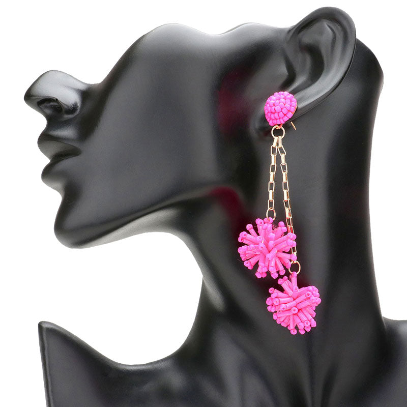 Pink Dropped Beaded Double Ball Dangle Earrings, Show your unique & trendy choice with these ball link dangle earrings; Featuring different color combinations for a bit of fashionable touch. Perfect for Fleur de Lis, the new year, parties, etc. Stay unique & beautiful! Great gift idea for your Loving One. Enjoy the moments!