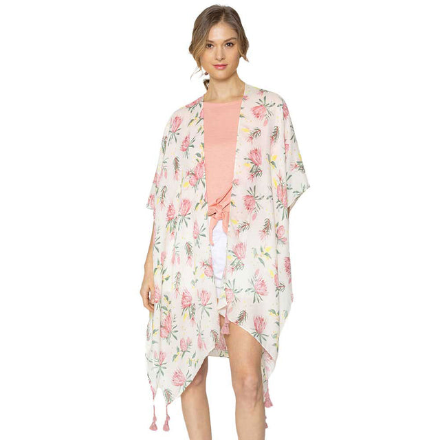 Pink Elegant Flower Printed Cover Up Kimono Poncho, This timeless Kimono Poncho is Soft, Lightweight and Breathable Fabric, Comfortable to Wear. Sophisticated, flattering and cozy, this Poncho drapes beautifully for a relaxed, pulled-together look. Suitable for Weekend, Work, Holiday, Beach, Party, Club, Night, Evening, Date, Casual and Other Occasions in Spring, Summer and Autumn.